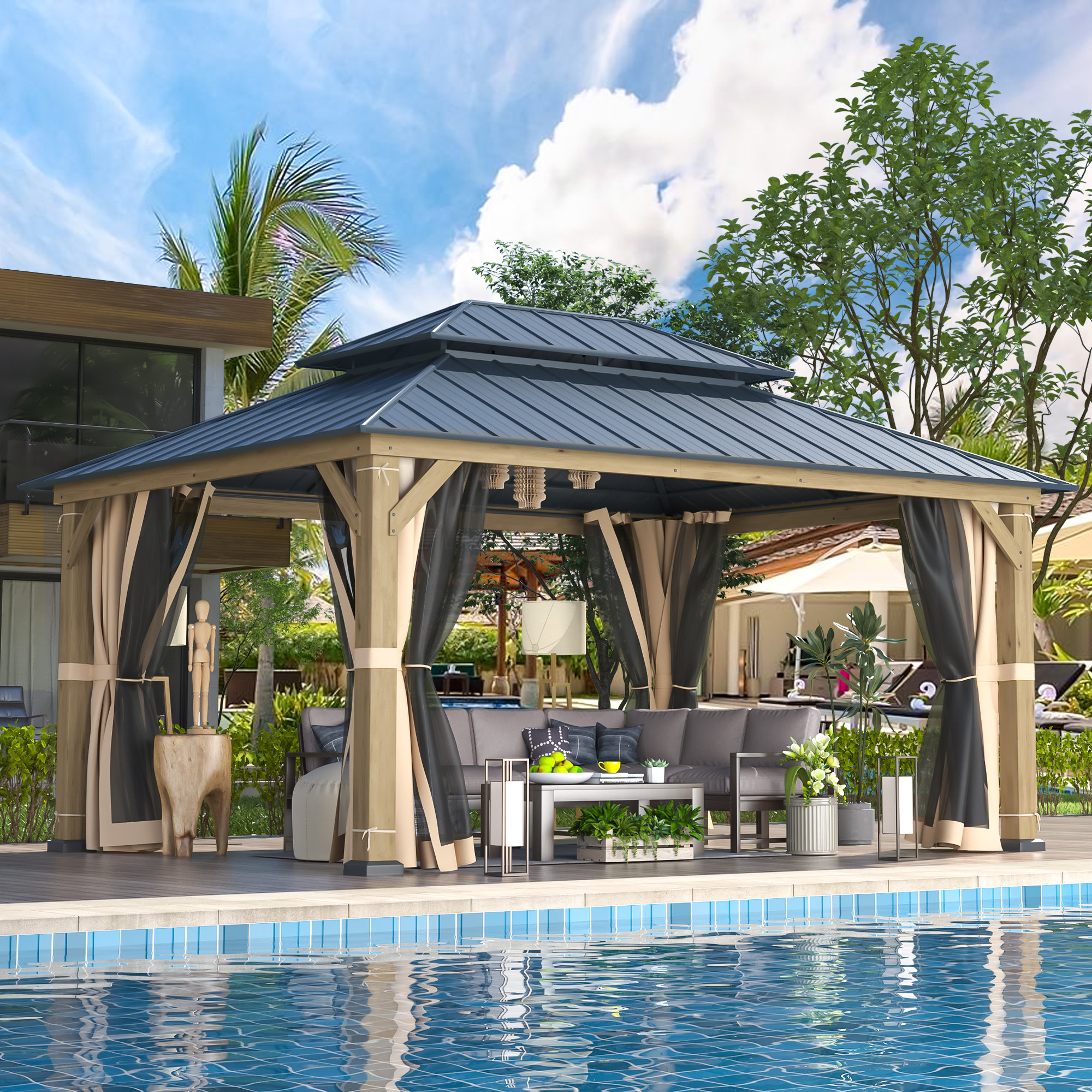 完売 EROMMY Wayfair | Gazebo Patio Wood D Ft. 12 x W Ft. 16 パンツ